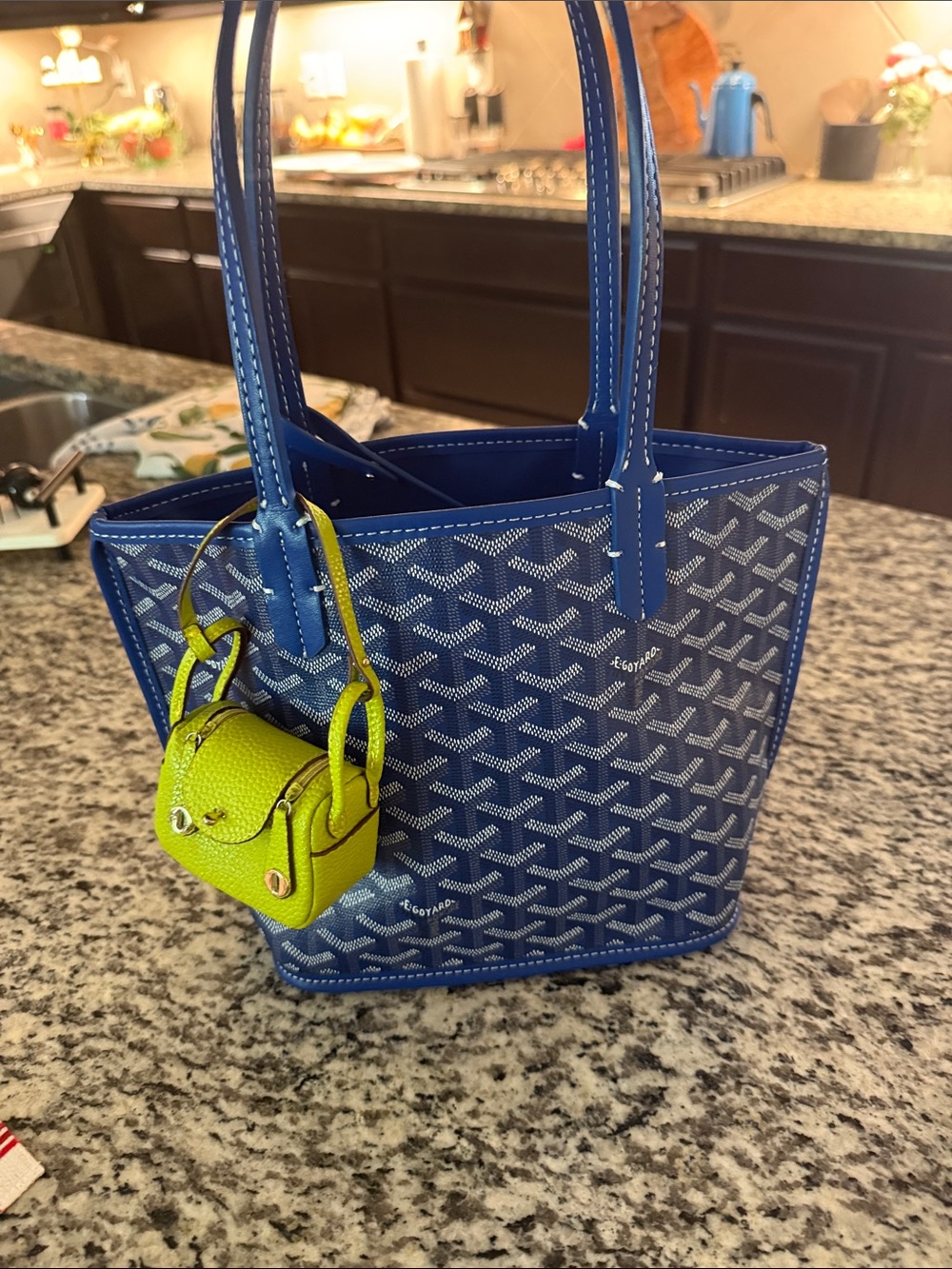 Blue Patterned Tote Bag with Lime Green Charm -